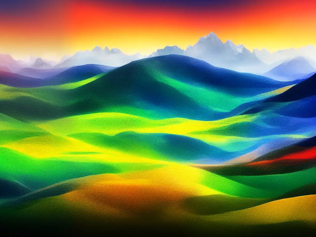 This is an example of a digital artwork made using an AI art tool like GANPaint Studio. It shows an abstract landscape with natural elements such as mountains and trees, with vibrant colors and intricate details.