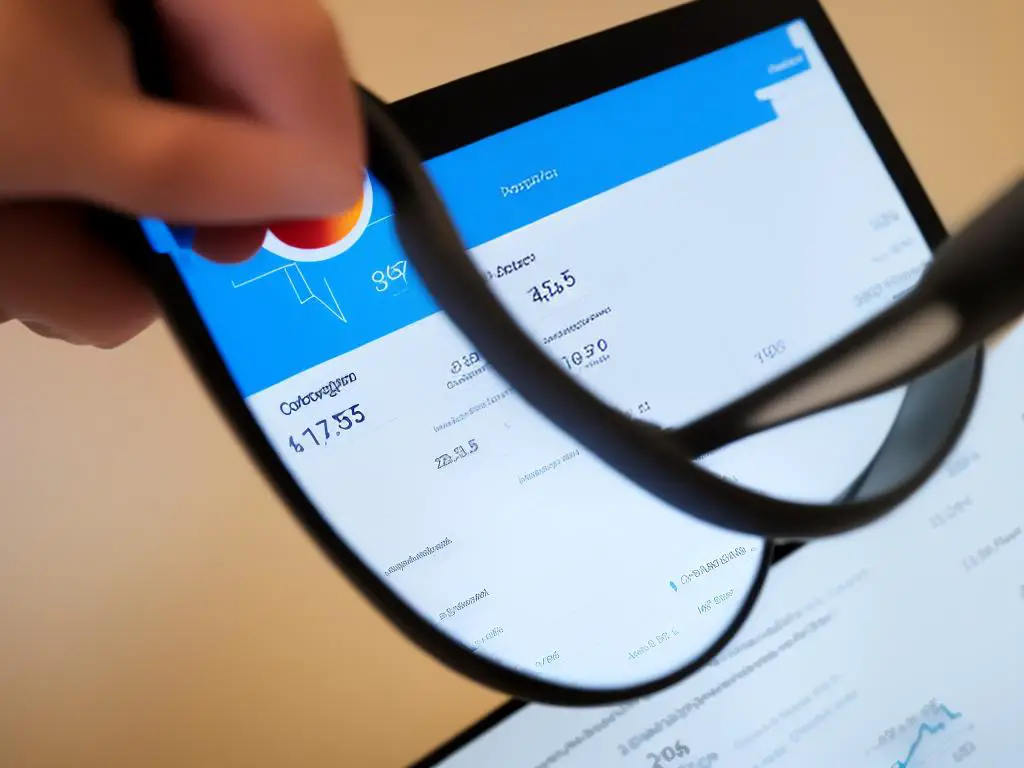 A person holding a magnifying glass over a computer screen showing analytics data in Google Analytics 4