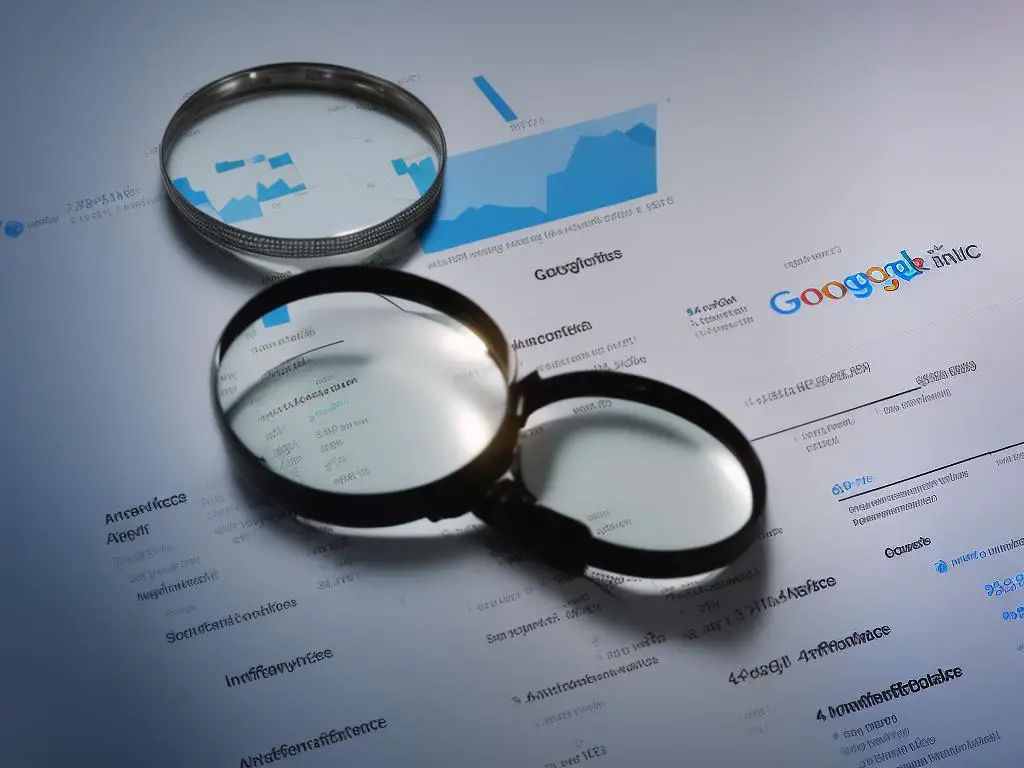 Google Analytics 4 interface with a magnifying glass, showing analytics data, demonstrating the improved insights, advanced marketing, and more powerful reporting components of GA4.