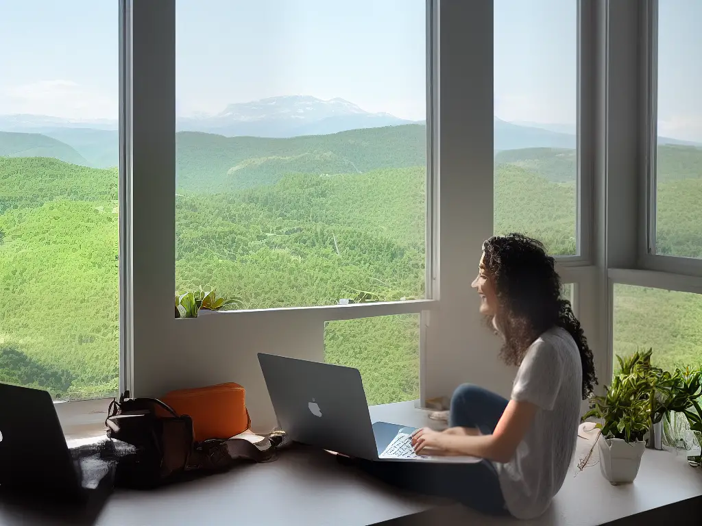 An image showing a woman using a laptop and looking happy while sitting in front of a window with a scenic view.