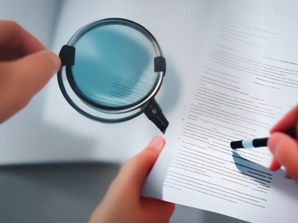 An illustration of a person holding a magnifying glass over a document with the words 'affiliate marketing guidelines' written on it.