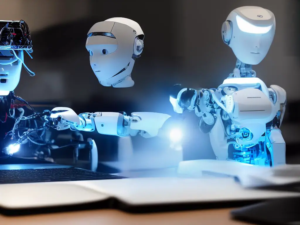 An image of a humanoid robot typing on a laptop with an illuminated brain in the background.
