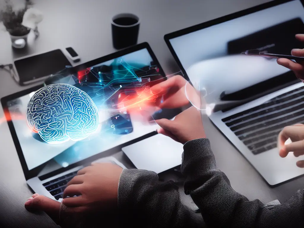 An image of someone typing on a laptop with a stylized graphic of a brain in the background, representing the idea of innovative content creation using advanced technology.