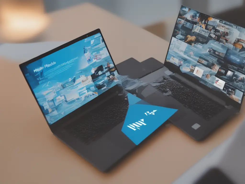 Image of a laptop and cell phone side-by-side with images, videos, and infographics on their screens to represent the various content formats in a digital publishing strategy and an influencer promoting a product on a social media platform to represent influencer marketing. The filename for this image is digital-publishing-and-influencer-marketing.png