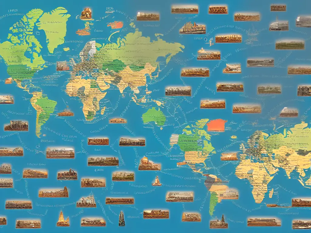A world map with digital icons representing different forms of content being distributed across various regions of the world.