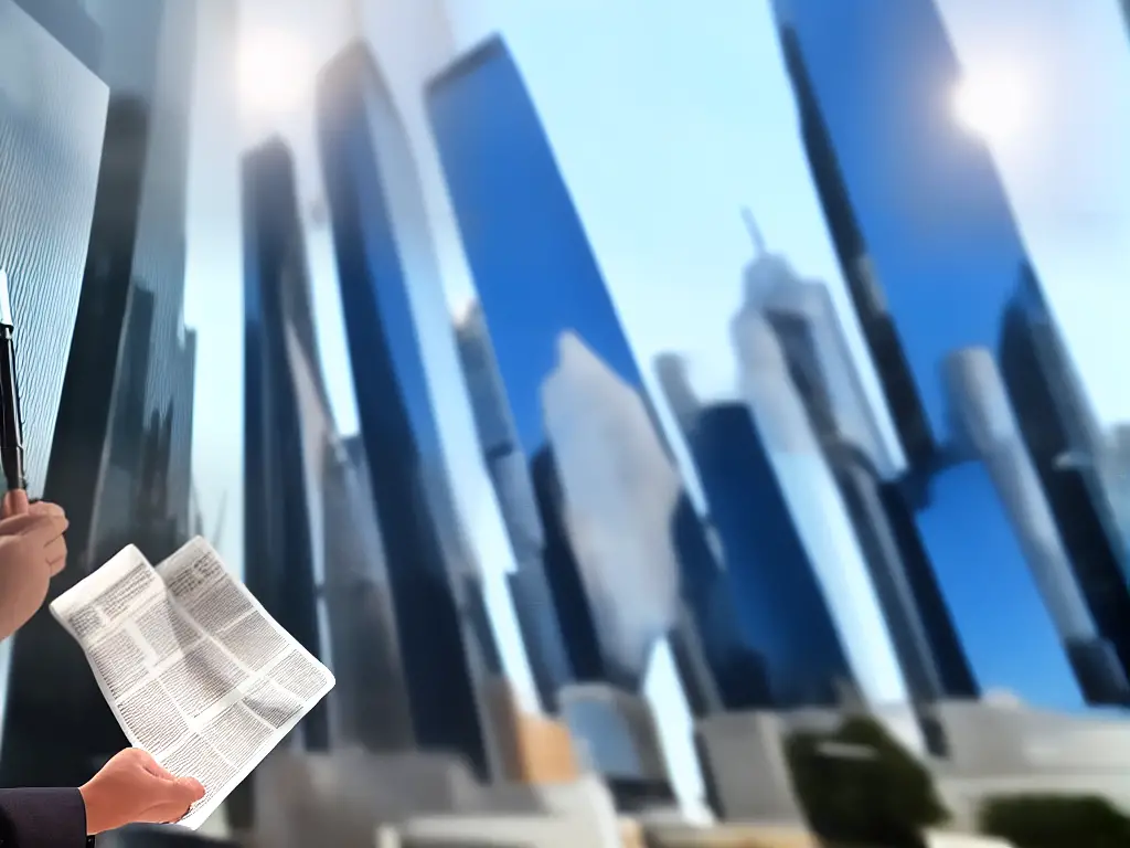An image of a person holding a tablet with a newspaper and a magnifying glass, with skyscrapers in the background.