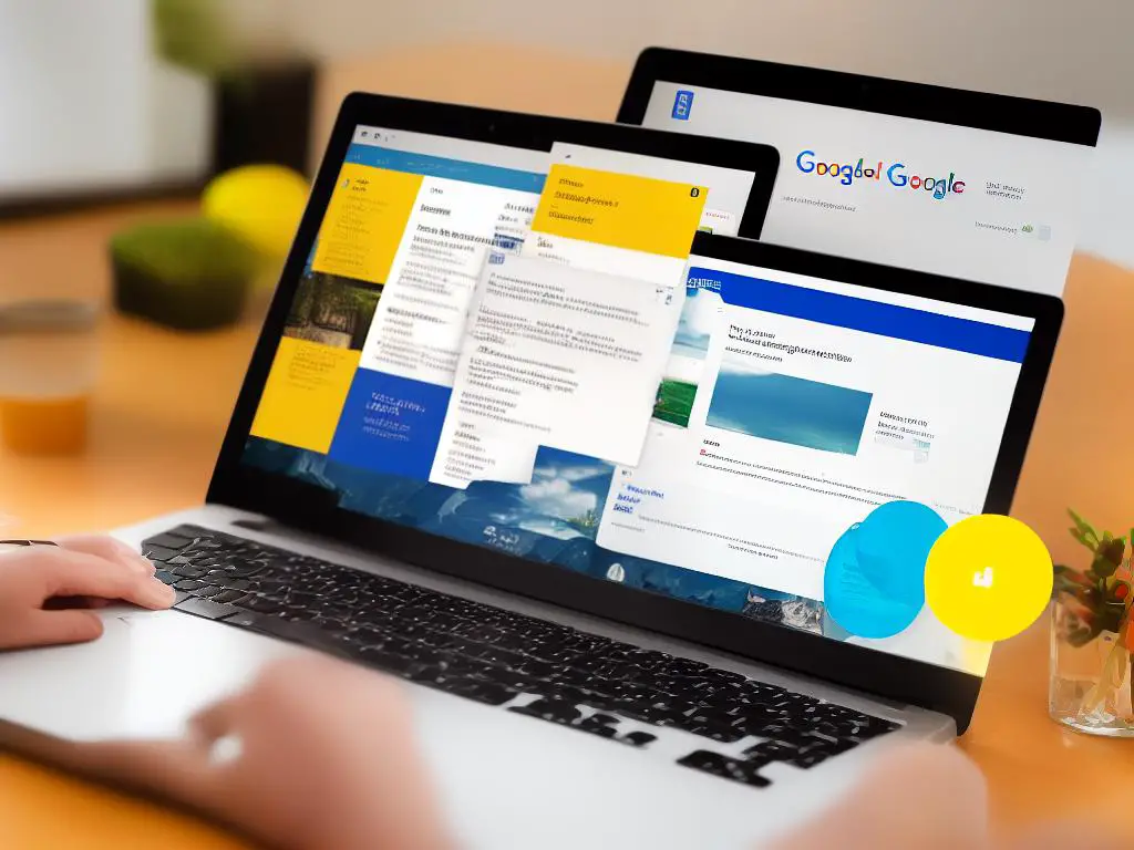 A computer screen with a Google search engine page displayed, with a yellow background and a magnifying glass icon in the middle of the screen