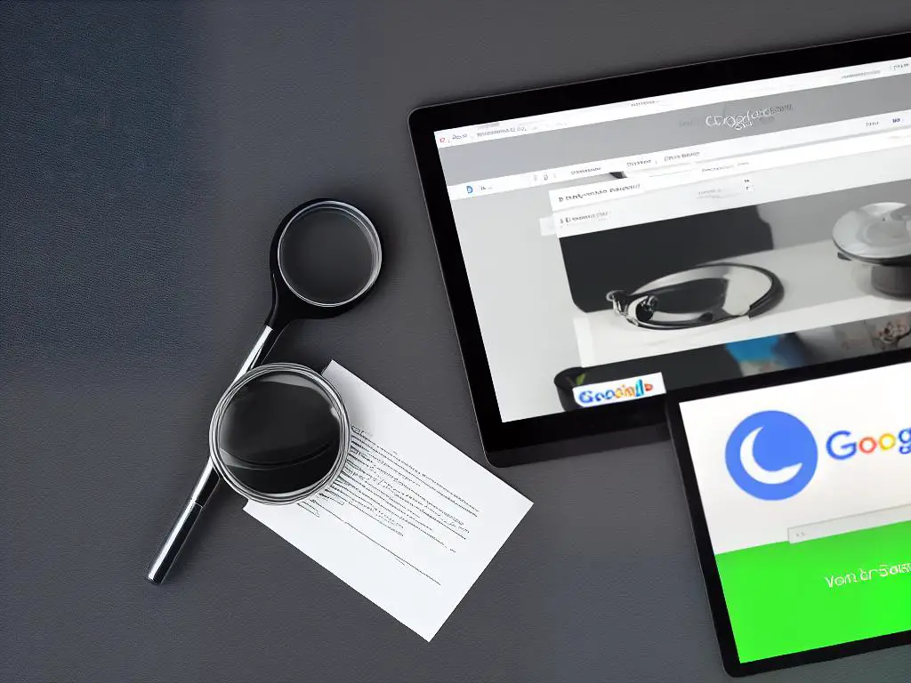 A laptop with a magnifying glass hovering over the Google Search Console website, representing the website's purpose of improving your website's search engine visibility