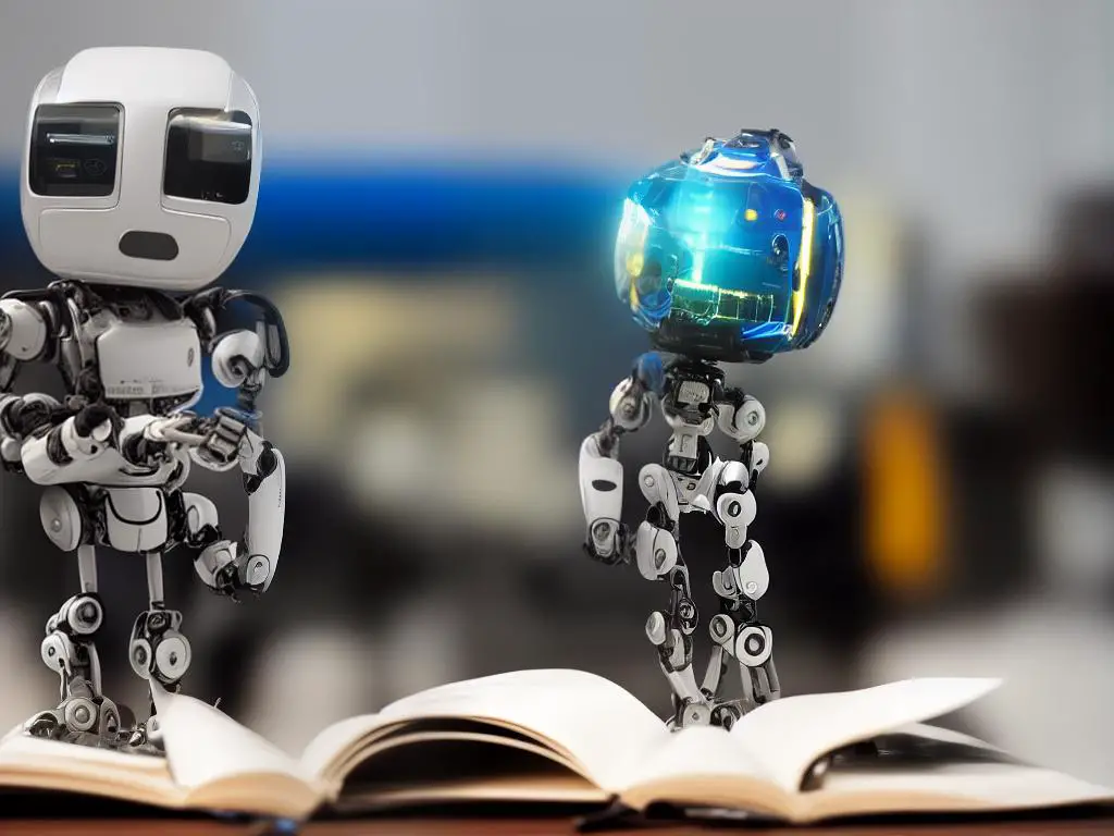 A robot holding a pencil and wearing glasses while reading a book titled 'Artificial Intelligence 101'