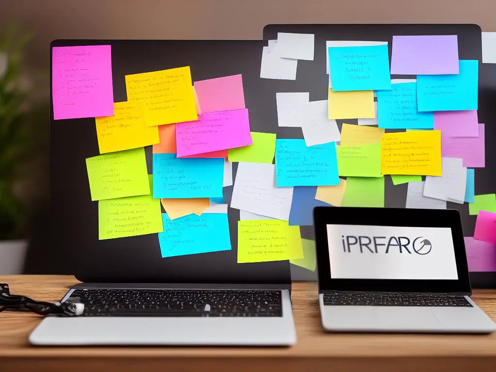 A laptop with various sticky notes on it that have different phrases, indicating a brainstorm for keyword research