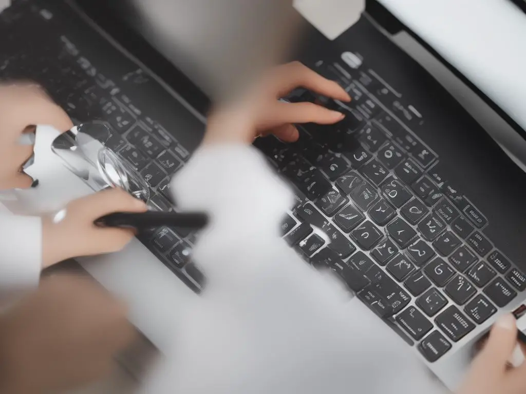 A person typing on a computer keyboard with a magnifying glass.