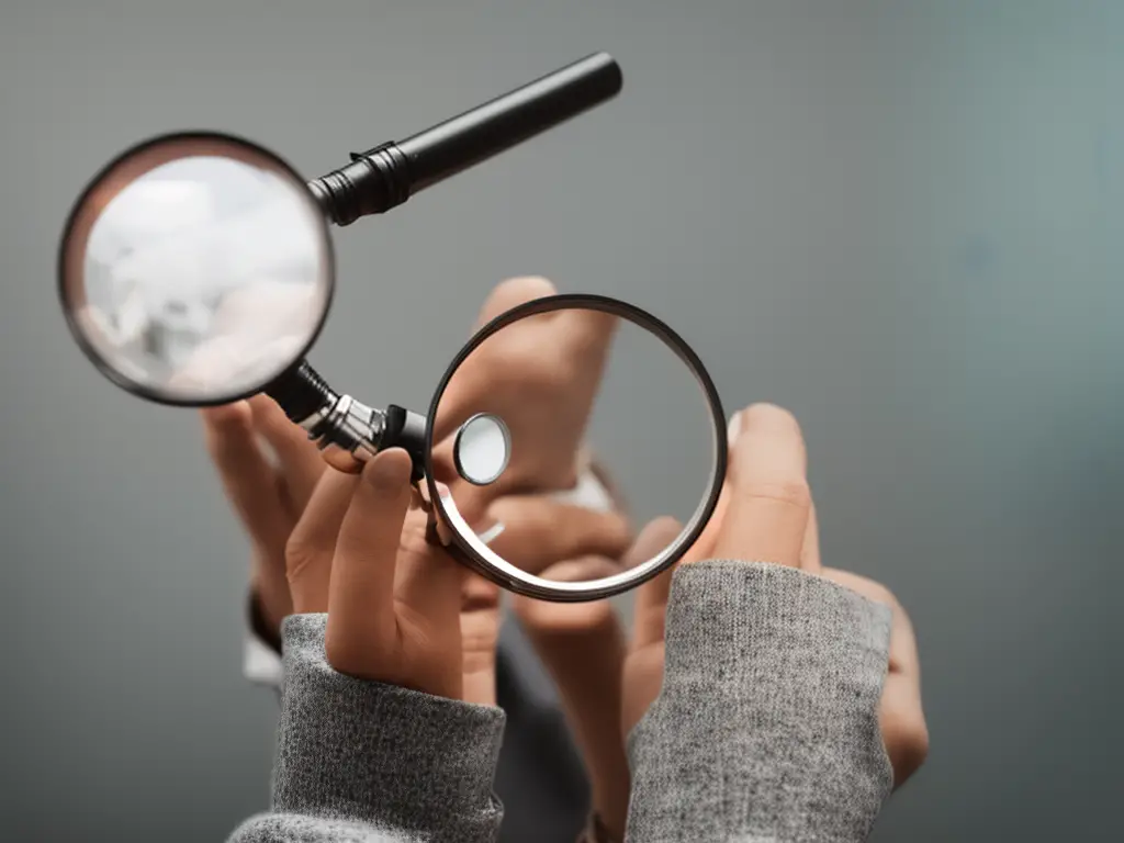 A person holding a magnifying glass surrounded by different objects.
