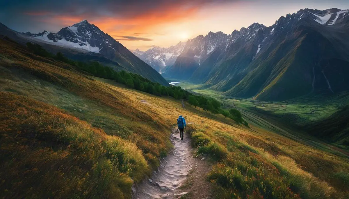 Image of a person walking on a serene mountain trail, representing the freedom and beauty of a nomadic lifestyle.