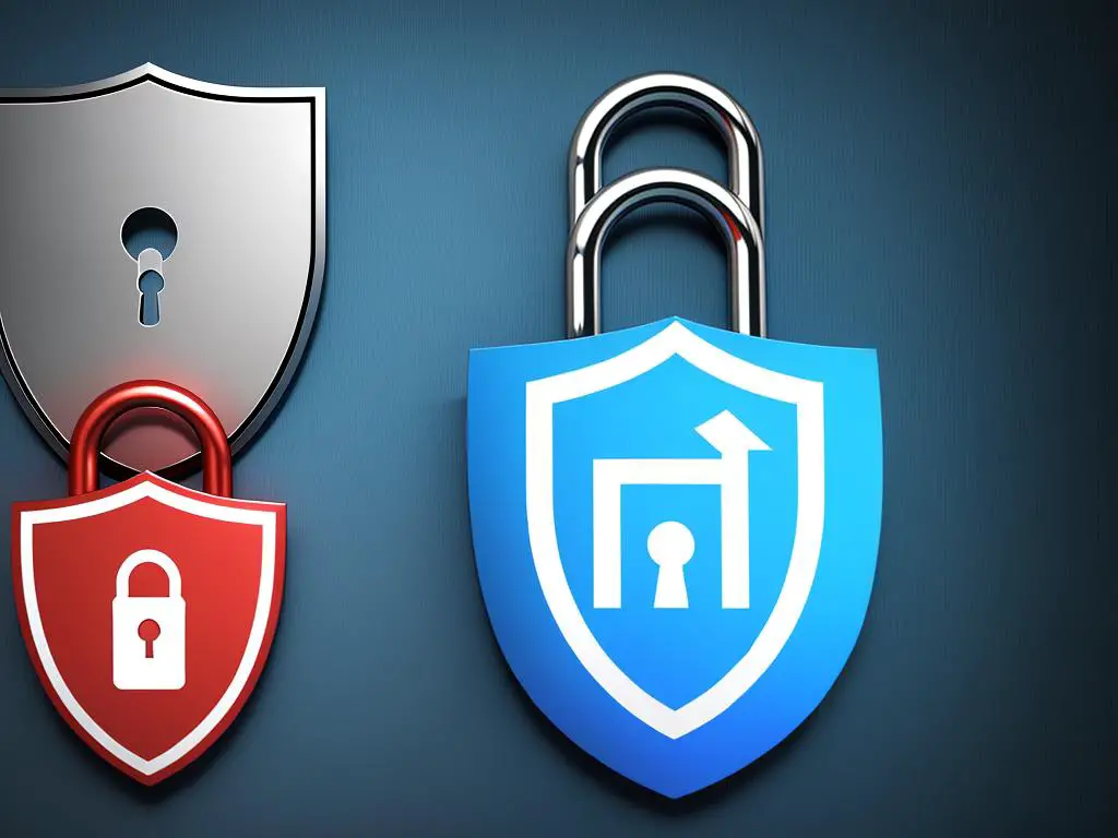 Illustration of website security issues, depicting a shield with multiple locks and warning signs.