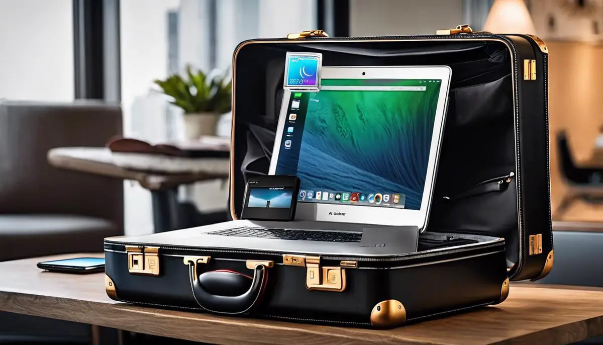 A suitcase with tech gadgets, including a laptop, power bank, noise-canceling headset, and a portable Wi-Fi hotspot.
