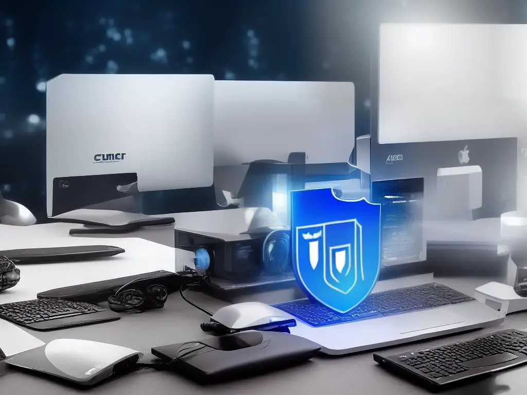 An image of a shield protecting a computer, with a backup symbol in the background